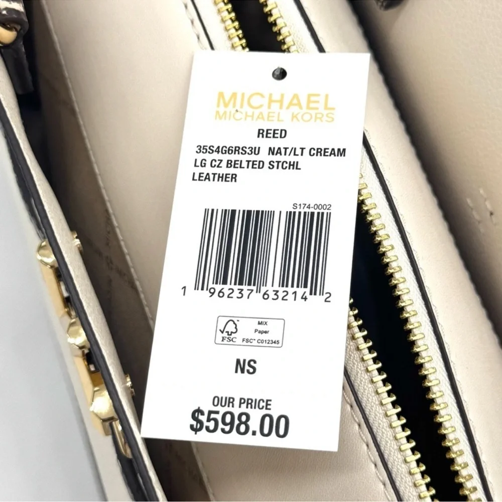 Michael Kors Large Reed CZ Belted Satchel Bag Light Cream Multi